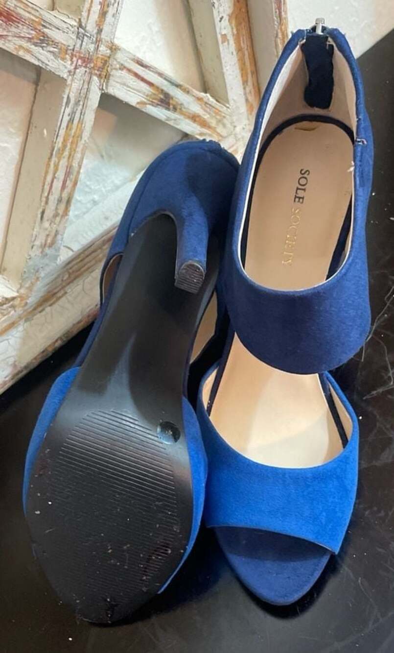 Sole Society Blue Suede Colorblock Open Toe Ankle Strap Heels size 7.5 - Picture 3 of 8